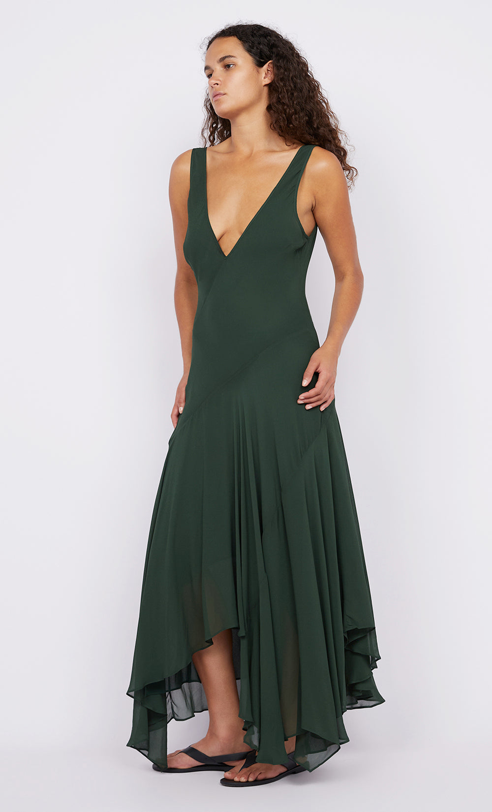 ISOLDE V NECK DRESS - BOTTLE GREEN