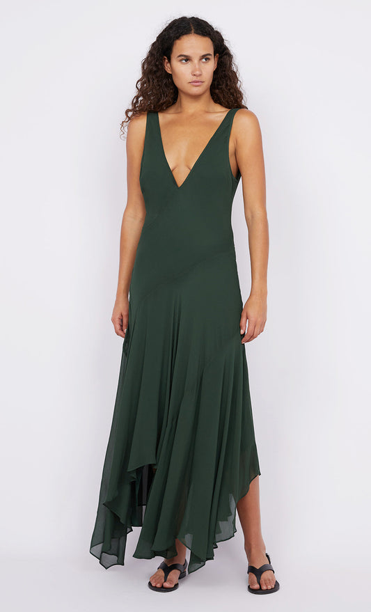 ISOLDE V NECK DRESS - BOTTLE GREEN