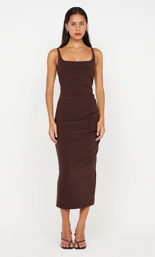 KARINA TUCK MIDI DRESS - DARK CHOCOLATE