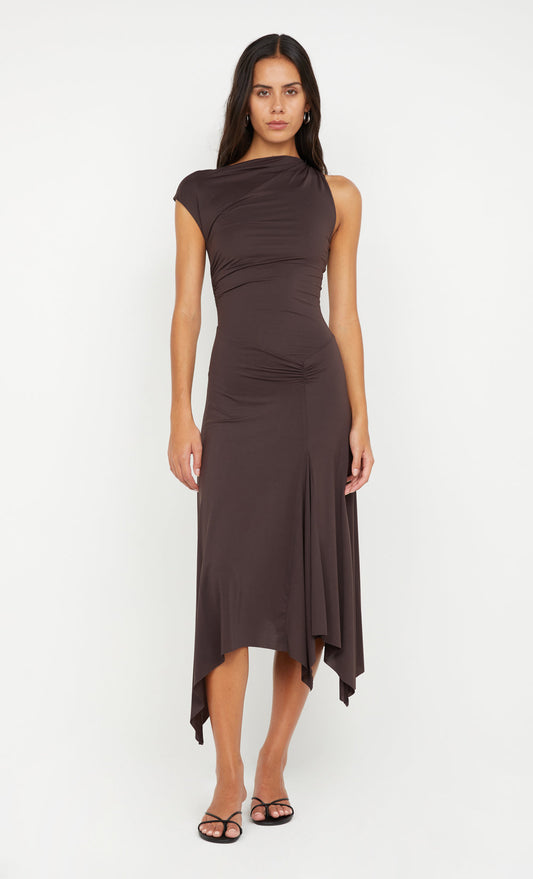 NARA ASYM MIDI DRESS - DARK CHOCOLATE