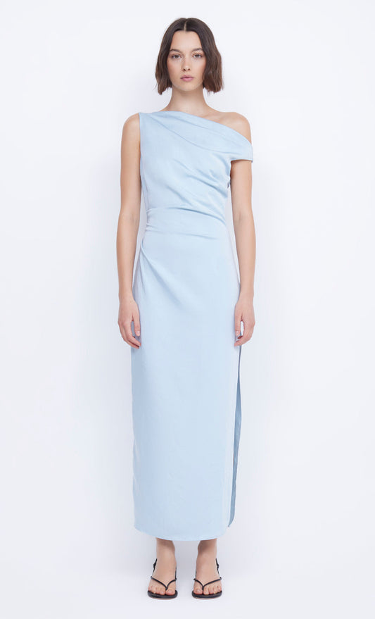 ROCHELLE ASYM MIDI DRESS - DOLPHIN BLUE