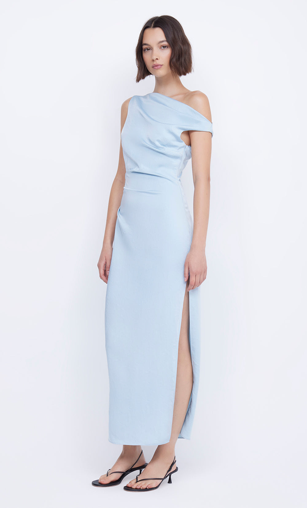 ROCHELLE ASYM MIDI DRESS - DOLPHIN BLUE