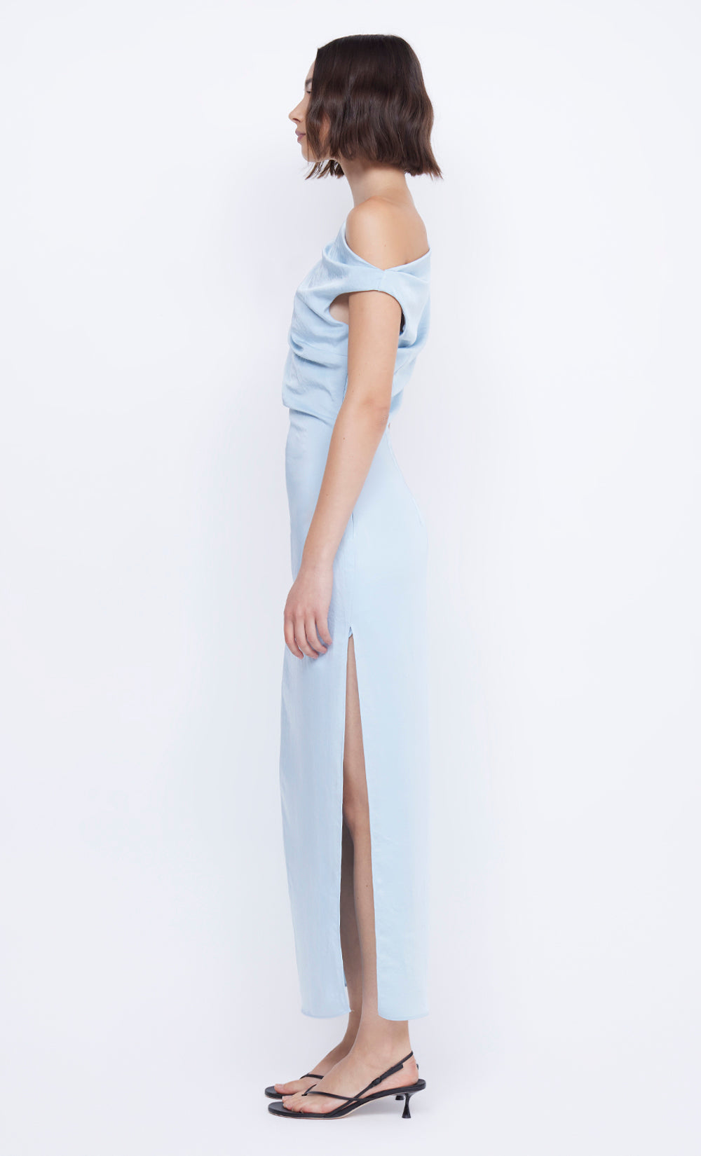 ROCHELLE ASYM MIDI DRESS - DOLPHIN BLUE