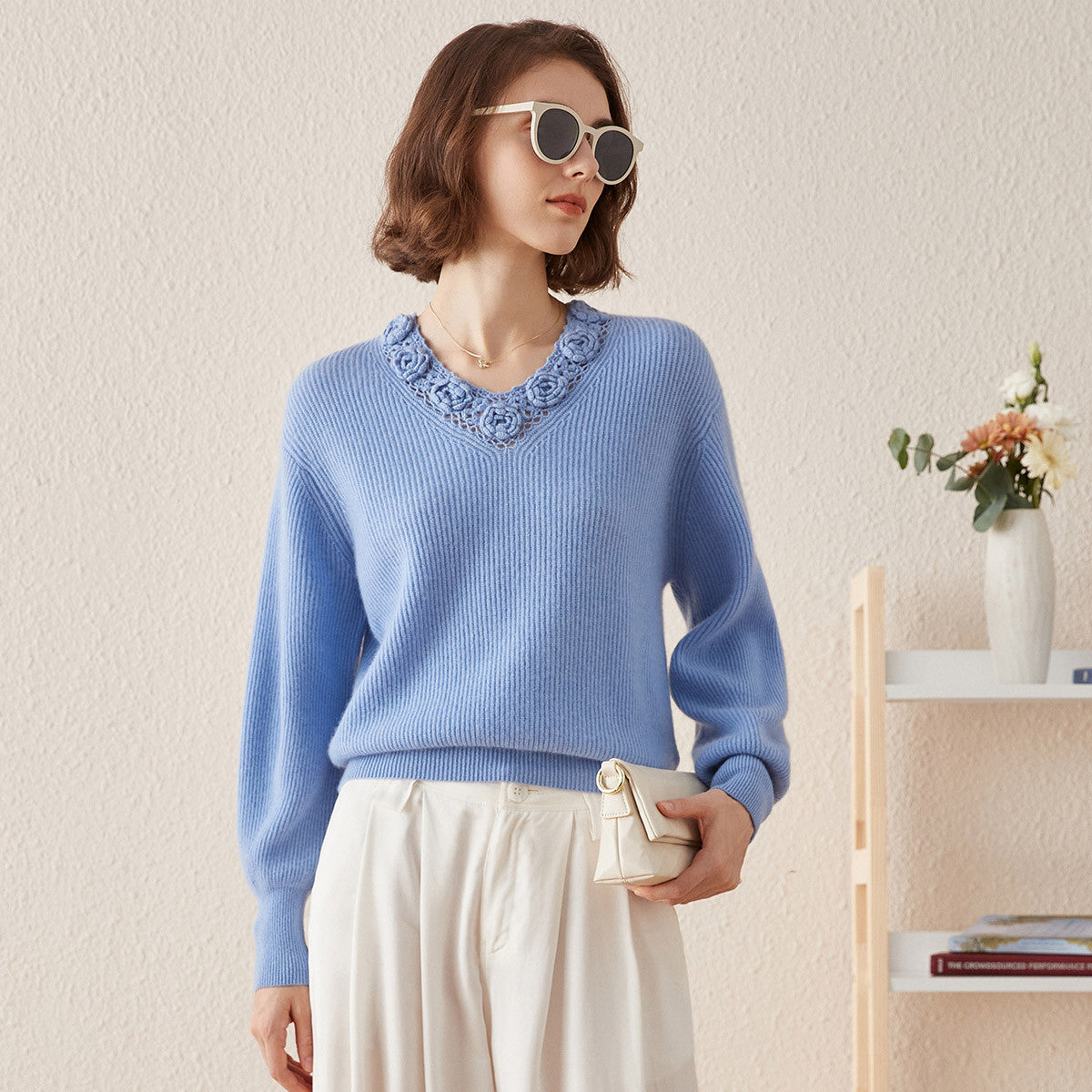 100% cashmere V Neck Crochet Knit Sweater