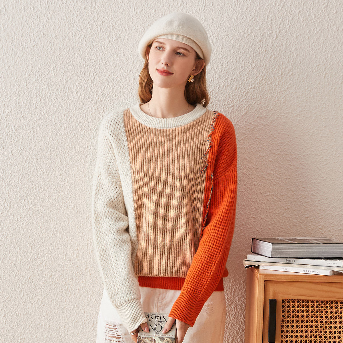 100% Cashmere Color Block Oversized Knit Sweater