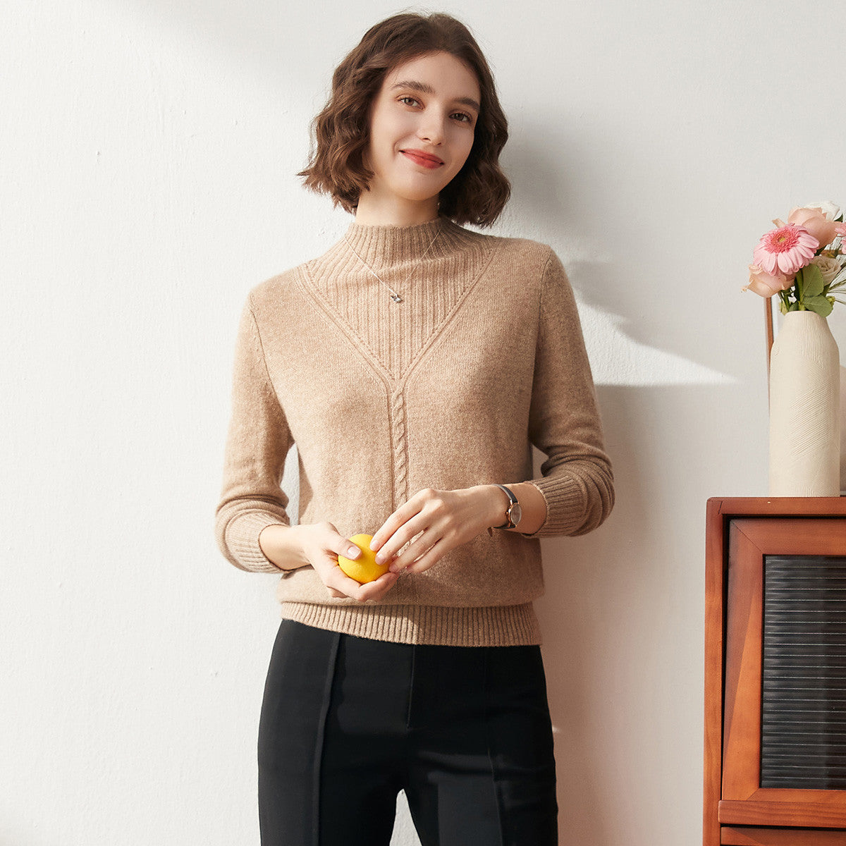 100% Cashmere Mock Neck Cable Knit Sweater