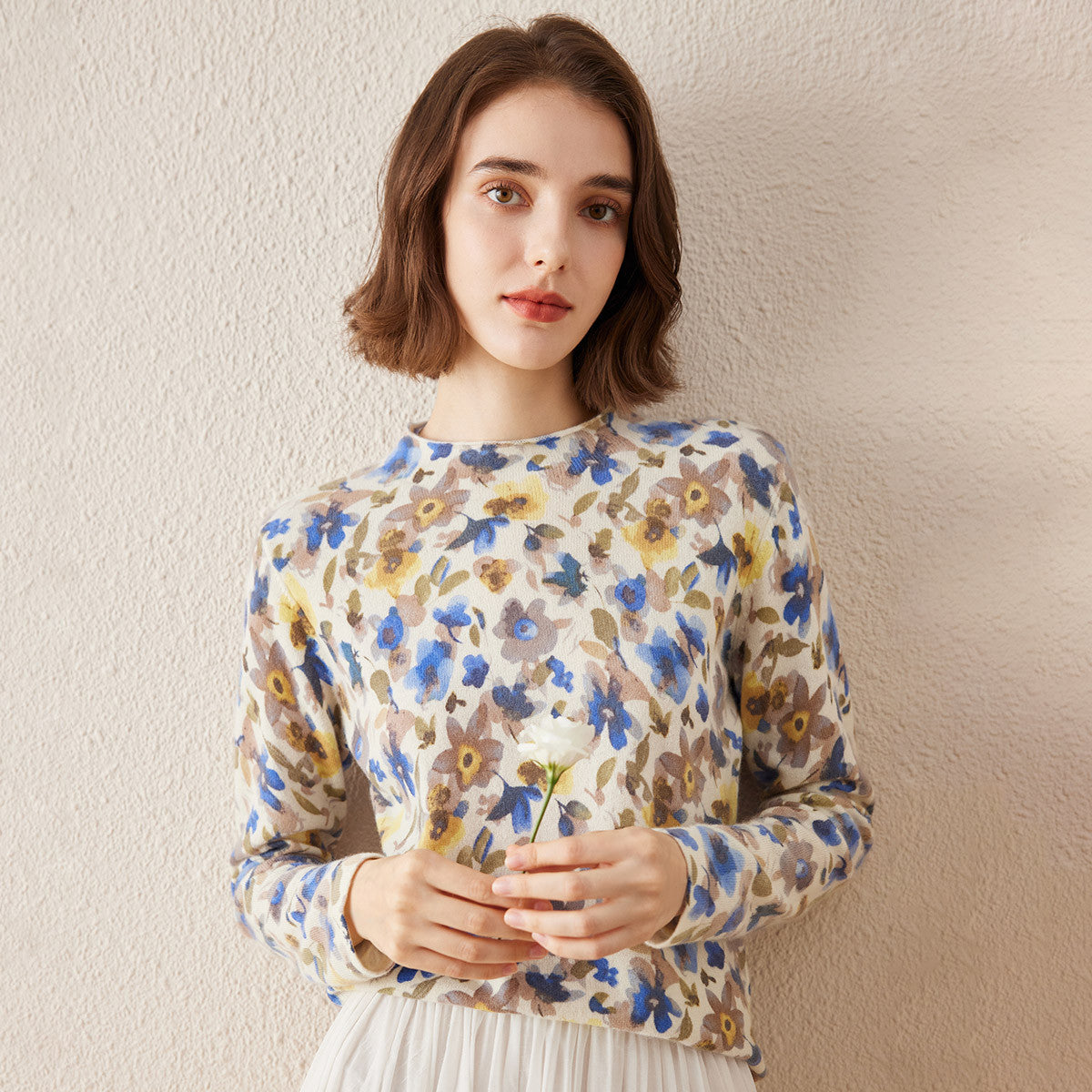 100% Cashmere Elegant Floral Print Sweater