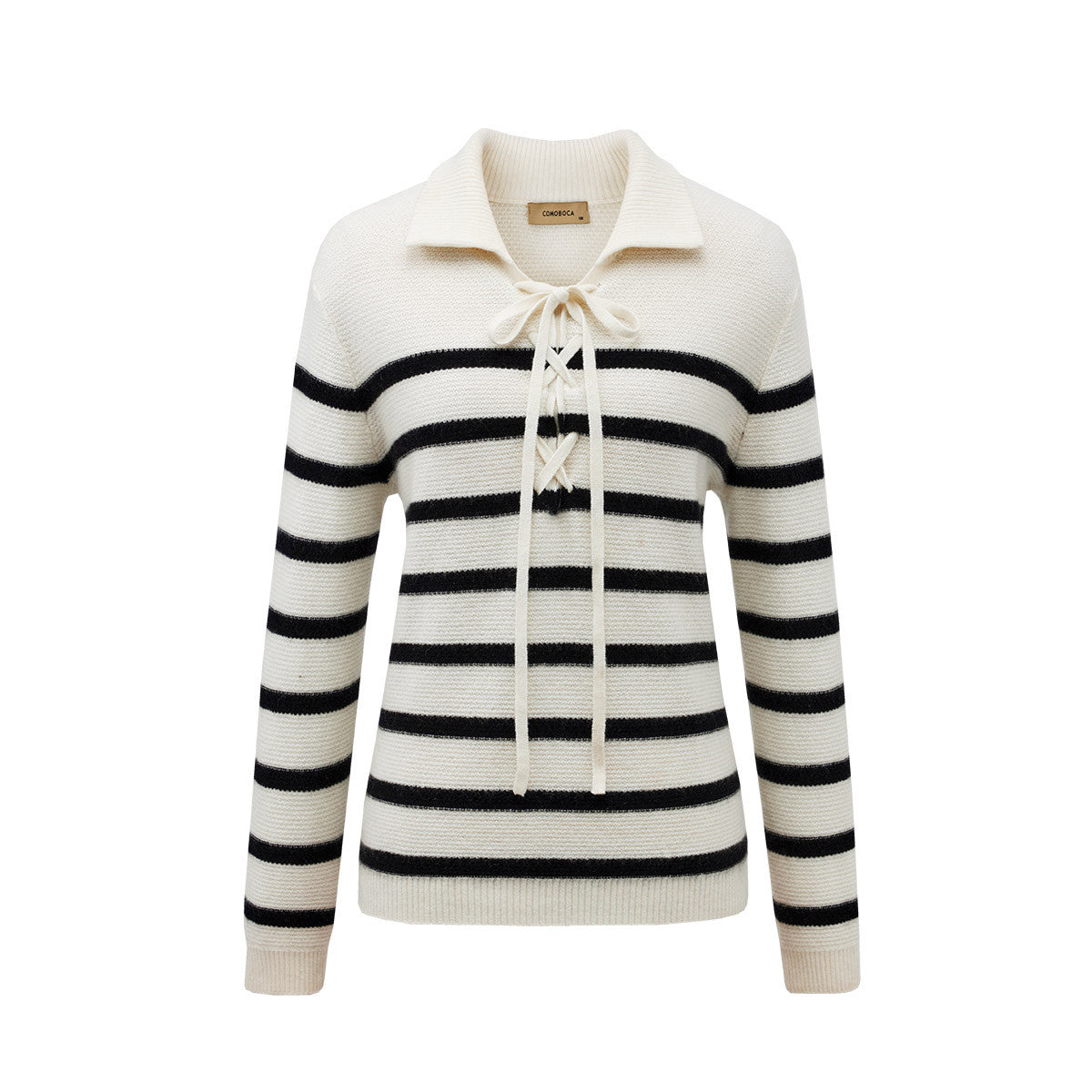 100% Cashmere Striped Lace-up Collar Sweater