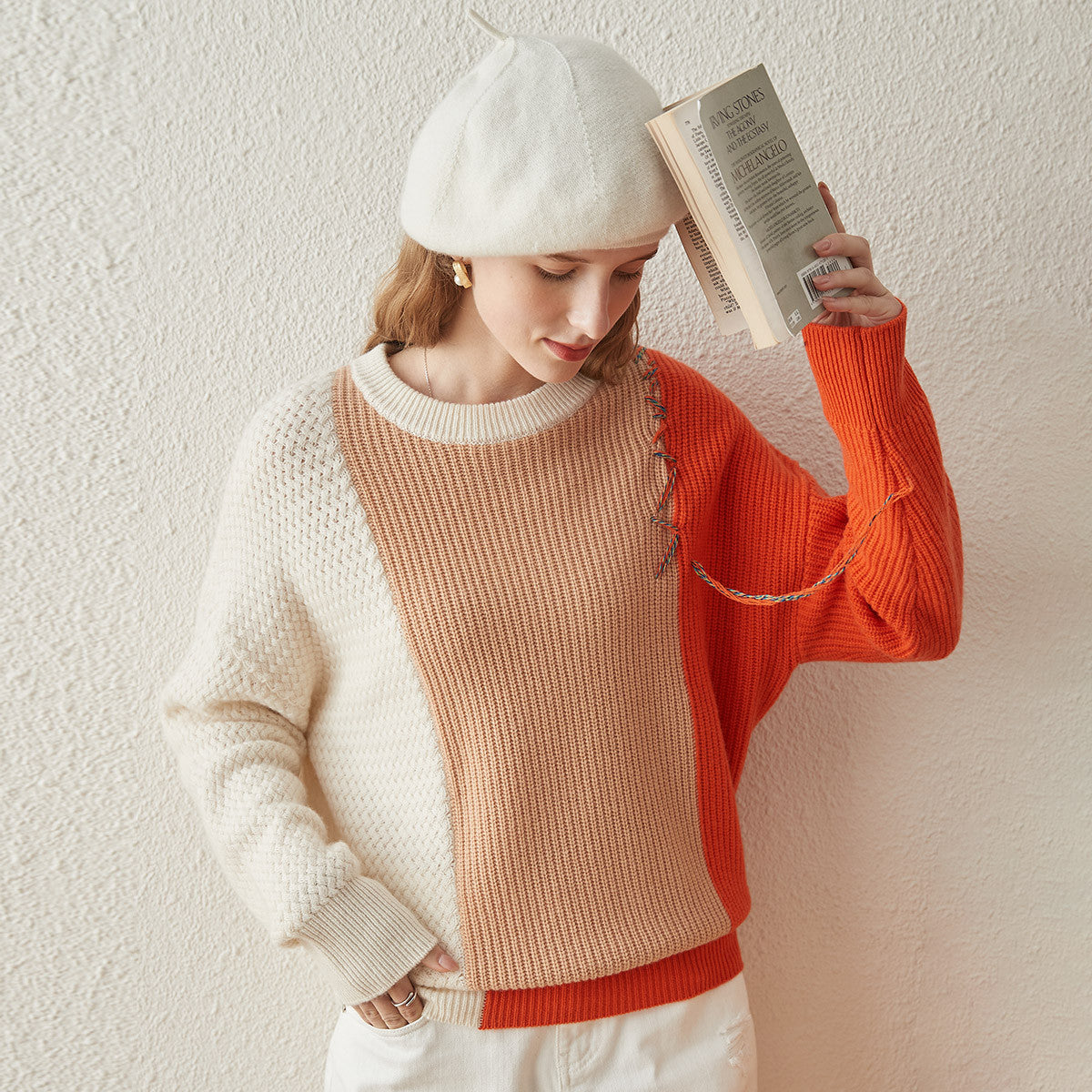 100% Cashmere Color Block Oversized Knit Sweater