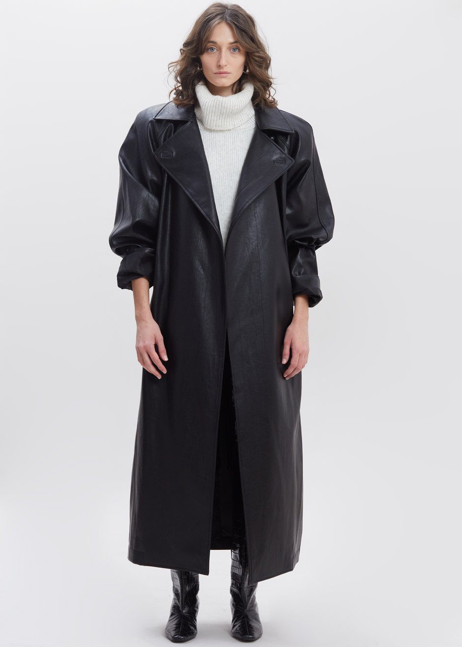 Henna Oversized Faux Leather Trench - Black