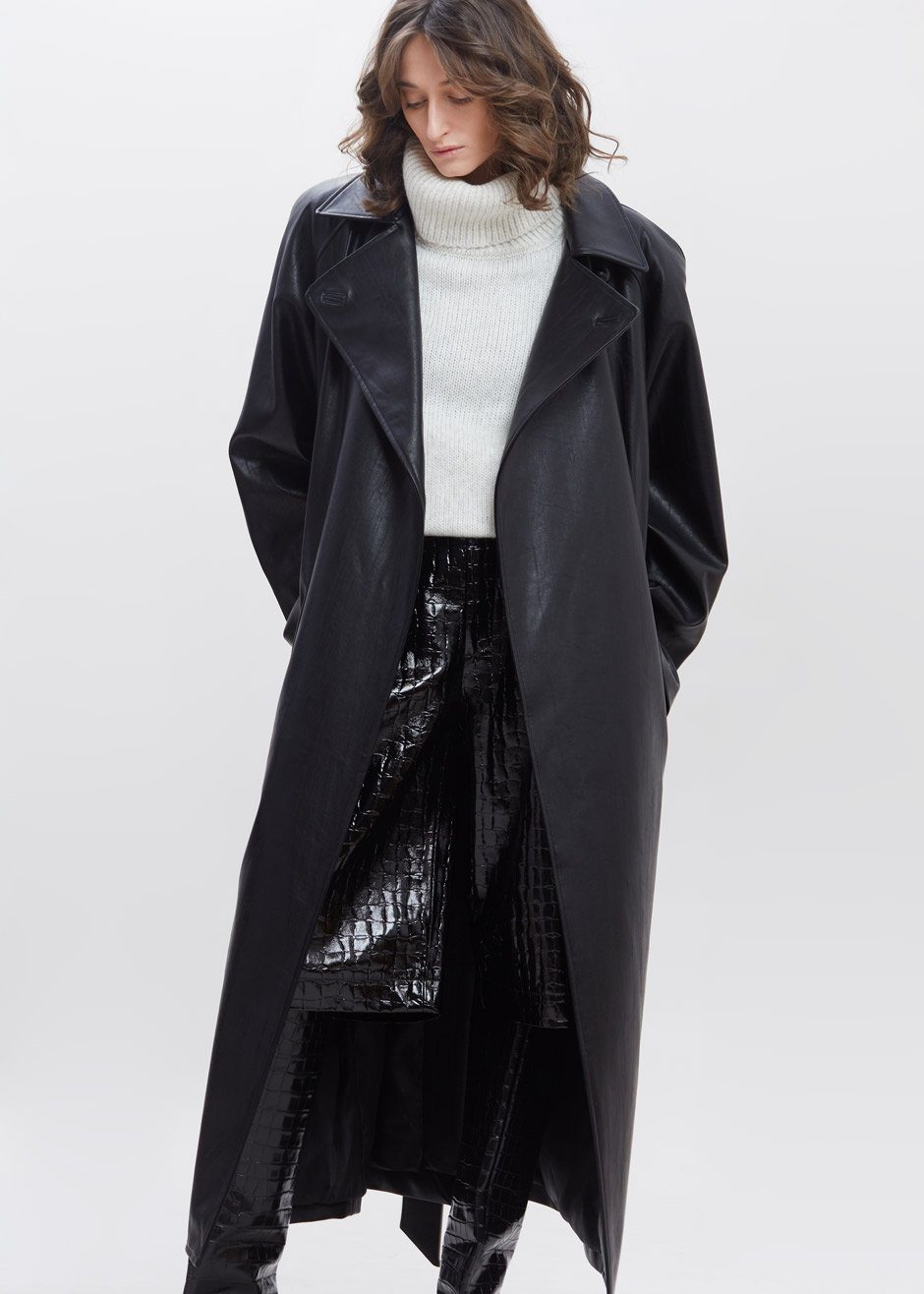 Henna Oversized Faux Leather Trench - Black