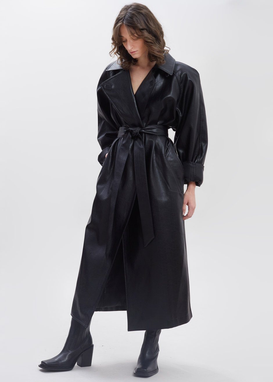 Henna Oversized Faux Leather Trench - Black