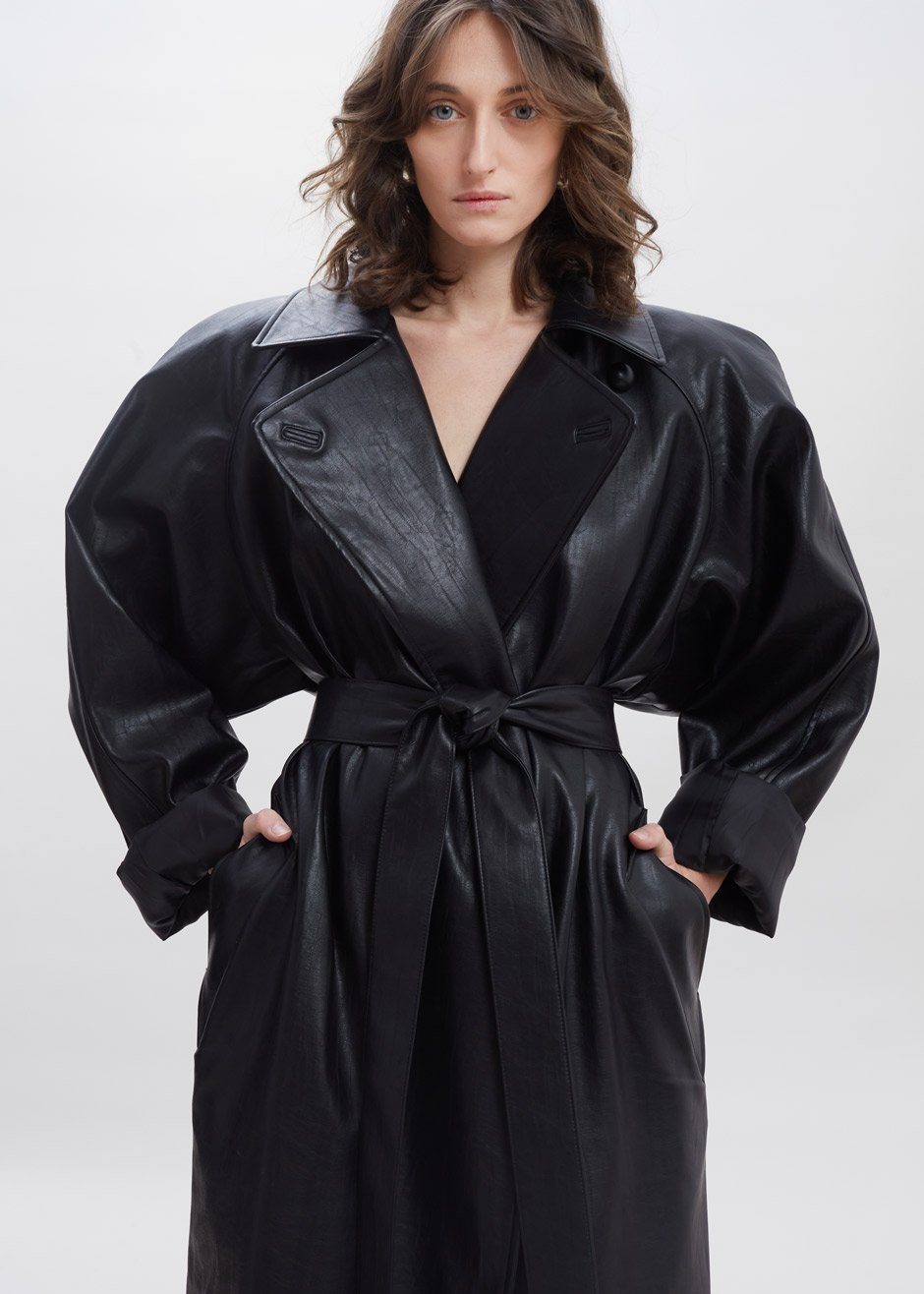 Henna Oversized Faux Leather Trench - Black