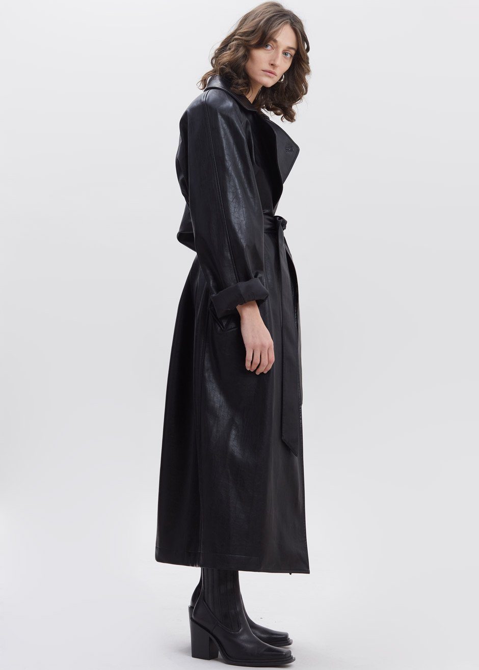 Henna Oversized Faux Leather Trench - Black