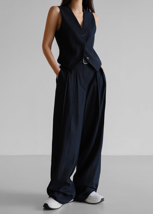 Tansy Pleated Trousers - Navy Pinstripe