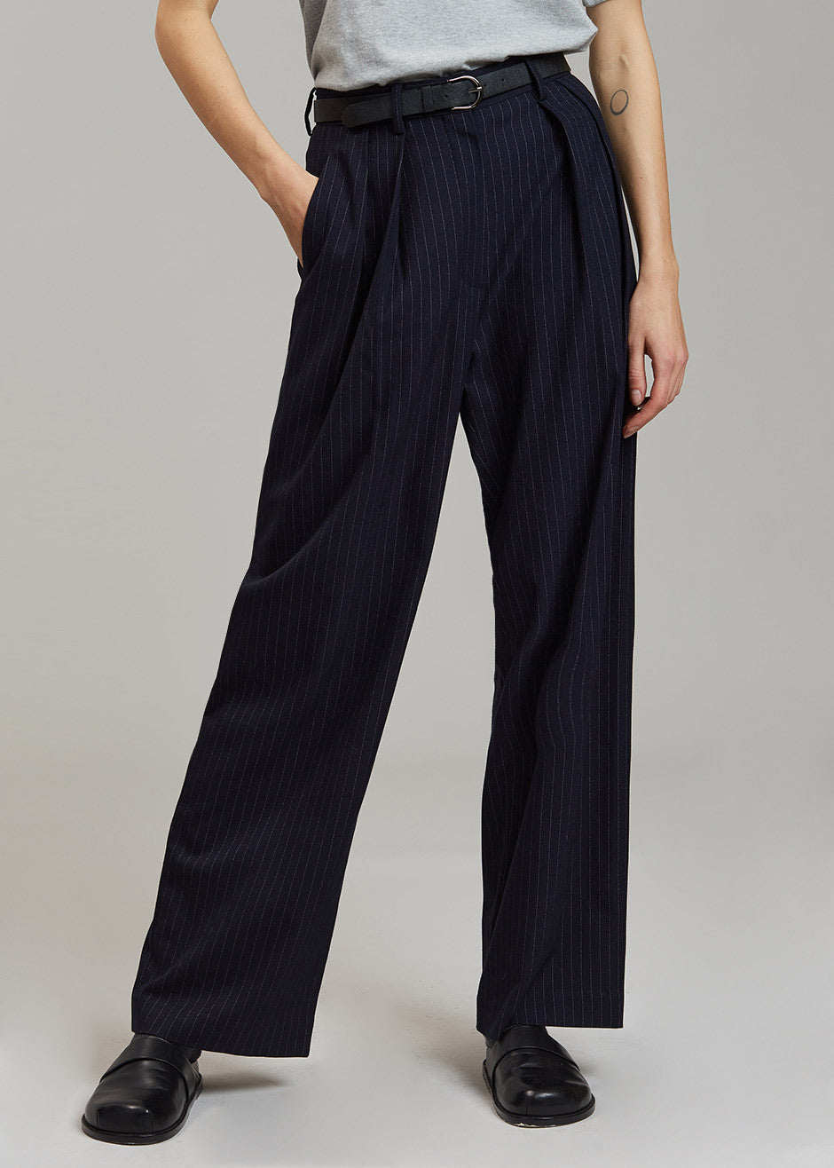 Tansy Pleated Trousers - Navy Pinstripe