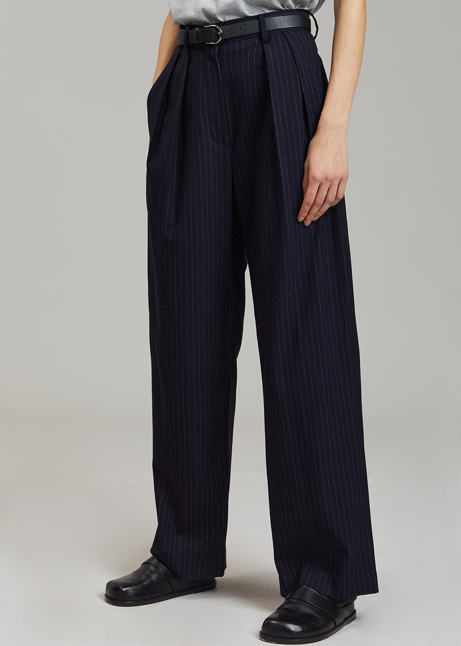 Tansy Pleated Trousers - Navy Pinstripe