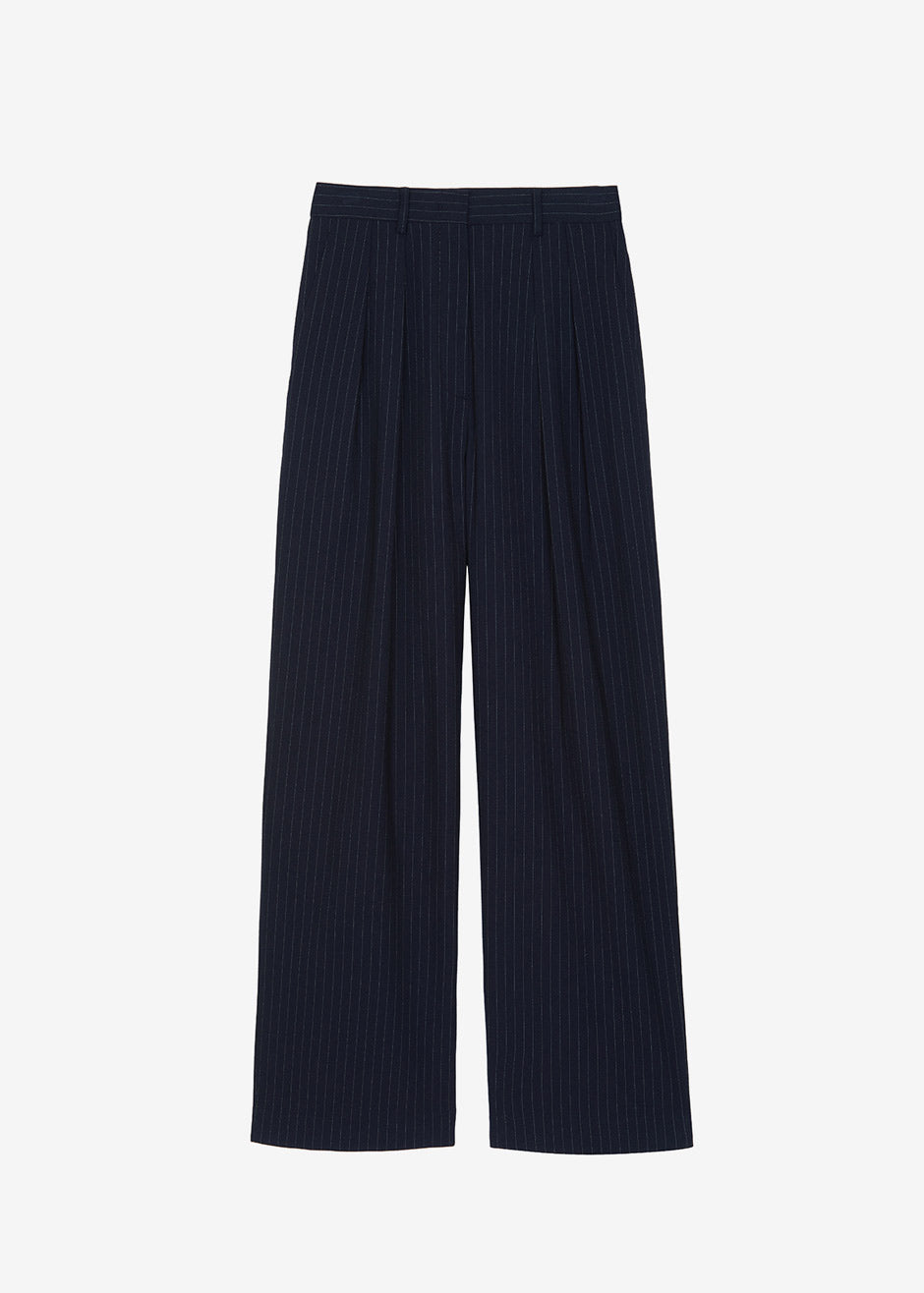 Tansy Pleated Trousers - Navy Pinstripe