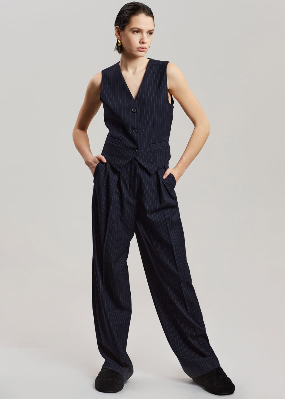 Tansy Pleated Trousers - Navy Pinstripe